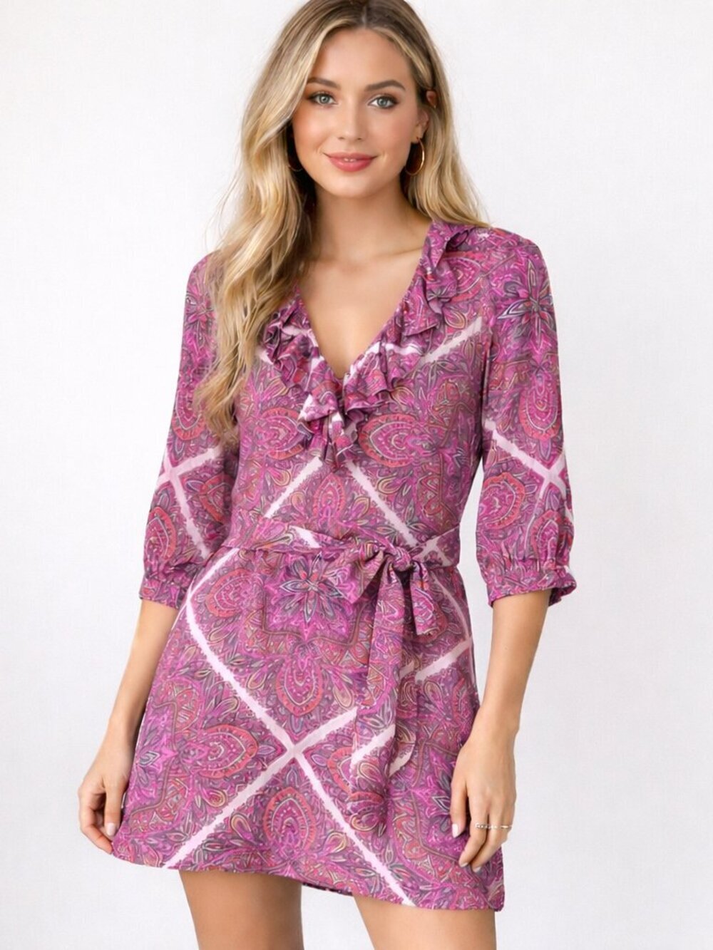 Alice & Trixie Silk Paisley Mini Dress Pink Ruffle V Neck Belted Size S
